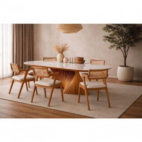 Sala de Jantar Opala 6 Lugares Tampo em Vidro Base Escultural 180cm Sala Nobre