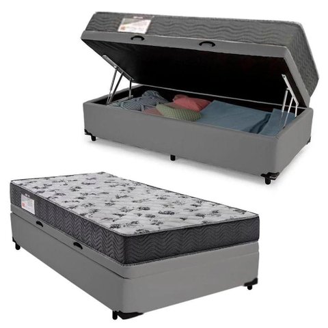 Cama Box Baú Solteiro Linhão Cinza + Colchão Solteiro de Espuma - Ortobom ISO 100