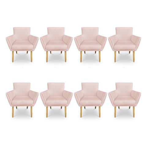 Kit 8 Poltronas Decorativa Leticia Suede Rosa Bebê Pés Palito Castanho - Pallazio
