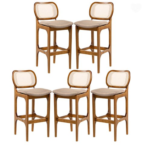 Kit 5 Banquetas Alta para Balcão Decor Madeira Imbuia Encosto Rattan Linho Marrom L87 Rmi