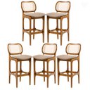 Ver imagem 1 de Kit 5 Banquetas Alta para Balcão Decor Madeira Imbuia Encosto Rattan Linho Marrom L87 Rmi