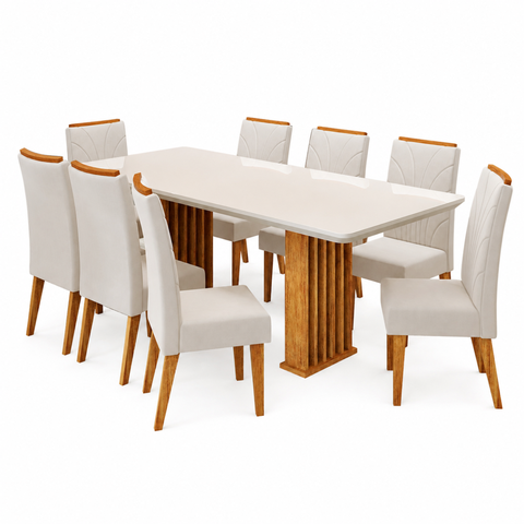 Conjunto Sala de Jantar 8 Lugares Retangular Tampo de Vidro/MDF Moscou Cobre/Off White/Bege - Casa g