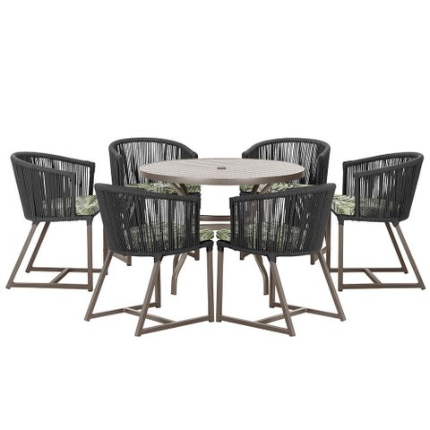 Mesa com 6 Cadeiras de Jantar Roma 120cm e Noronha em Alumínio Marrom Corda Náutica Estofado 5 Trama