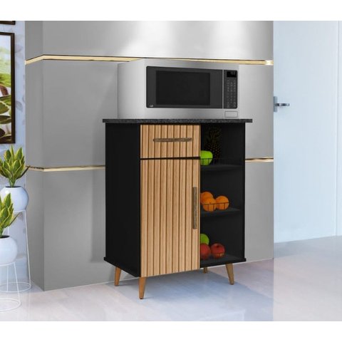 Móvel de Cozinha Cristal – Balcão Fruteira com 1 Porta, 1 Gaveta e Espaço Micro-ondas Preto Ripado