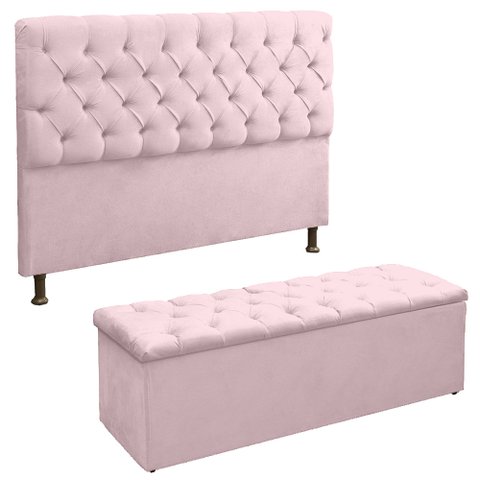Kit Recamier Baú e Cabeceira Lana para Cama Box Solteiro 90 Cm - Sv Decor:rosa Bebe