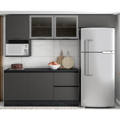 Cozinha Modulada Etna 258cm 2 Portas de Vidro - Grafite Poliman