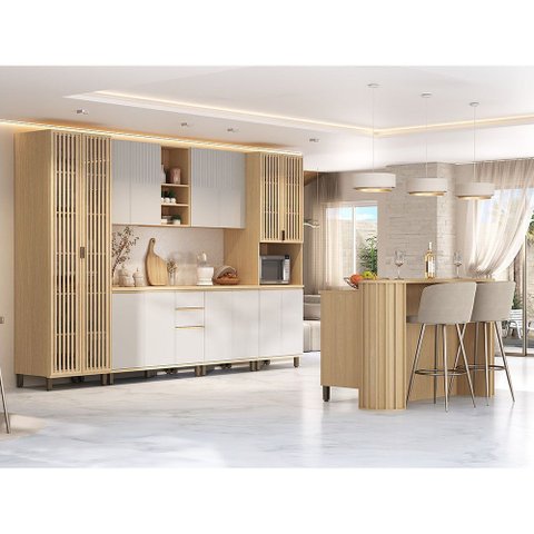 Cozinha Completa 100% MDF 8 Peças com Espaço para Micro-Ondas, Ilha e Tampo 340cm Aura Luciane Móvei