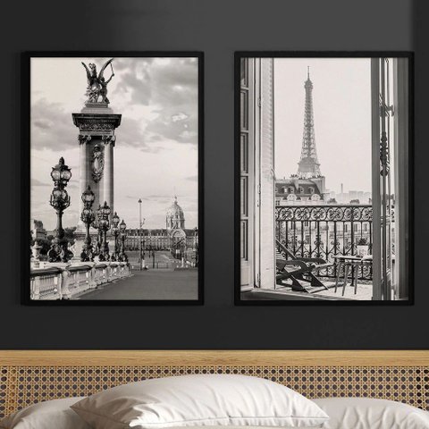 Kit 2 Quadros Decorativos Fotografias Paris Pb 24x18cm - com Vidro:moldura Preta
