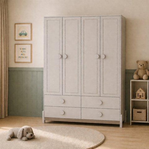 Guarda-Roupa Infantil 4 Portas 4 Gavetas MDF Linha Luna Bege/Areia/Capuccino