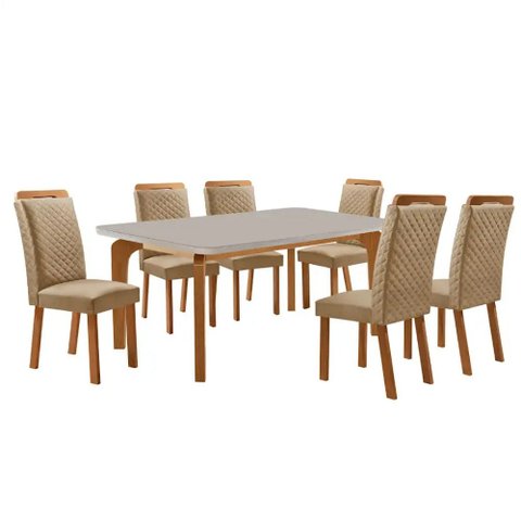 Mesa de Jantar Liz 180cm Tampo MDF Vidro Canto Copo com 6 Cadeiras Lorena Moderna Mobília