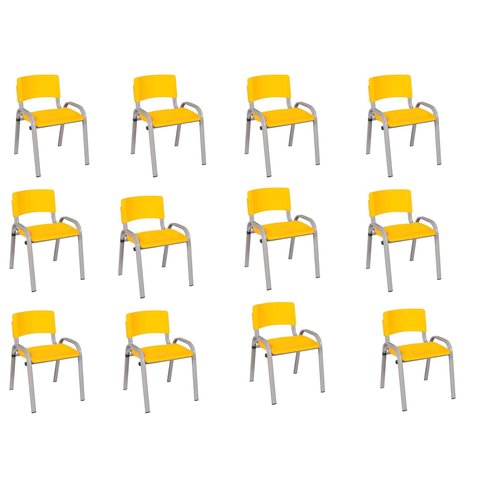 Kit 12 Cadeiras Infantil Iso, Escola, Base Cinza- Amarelo