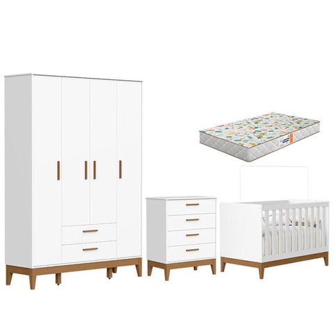 Quarto de Bebê Flip Guarda Roupa 4p Branco Acetinado com Colchão Gazin - Reller