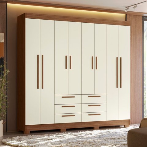 Guarda-Roupa com 8 Portas e 6 Gavetas Paranavaí Off White/Jatobá/Areia