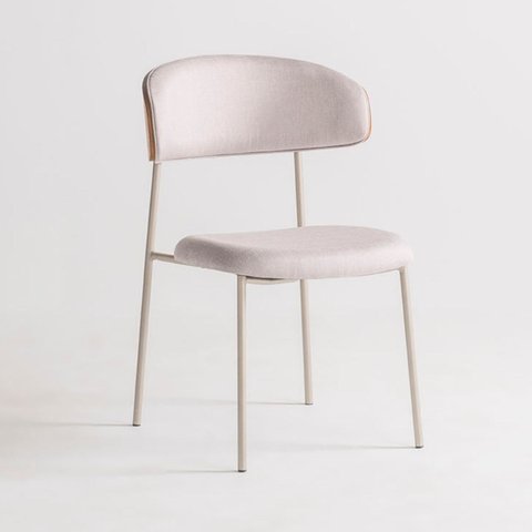 Cadeira de Jantar Leah Estofada Costas Madeira / Base Champagne / Tecido Off White
