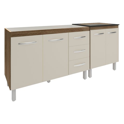 Armário Cozinha Gabinete Pia de 120 Cm Bruna e Balcão Fran para Cooktop 4 Bocas Savana Off White