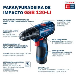 Parafusadeira/Furadeira Bosch com Impacto 12 V GSB 120-LI com Maleta + 2 Baterias Bivolt 06019G81E0- - 10