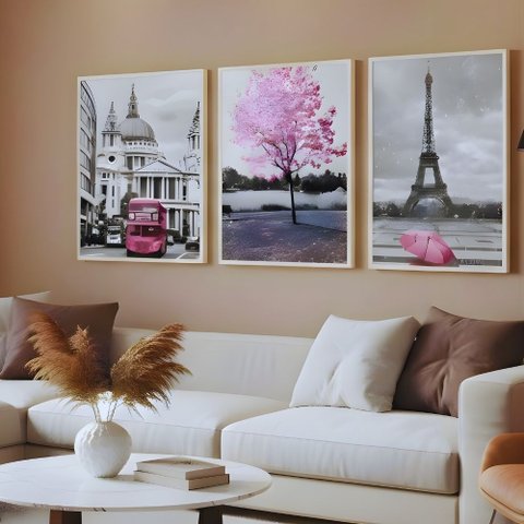 Kit 3 Quadros Paris França Moldura:branca