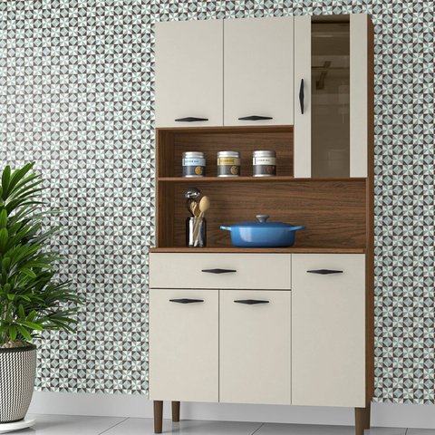 Armário de Cozinha 6 Portas 1 Gaveta Golden Branco/Nogueira/Off White
