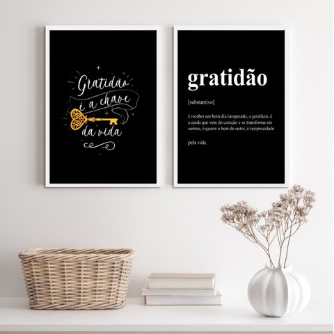 Kit 2 Quadros a Gratidão É a Chave da vida 24x18cm - com Vidro:madeira Preta