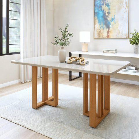 Mesa de Jantar 6 Lugares Tampo Vidro e MDF Tessera Marrom Amêndoa Clean/Off White