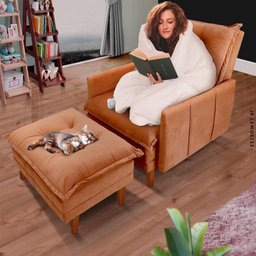 Poltrona Para Leitura Reclinável Com Puff Veludo Laranja Polonia Shop JM - 1