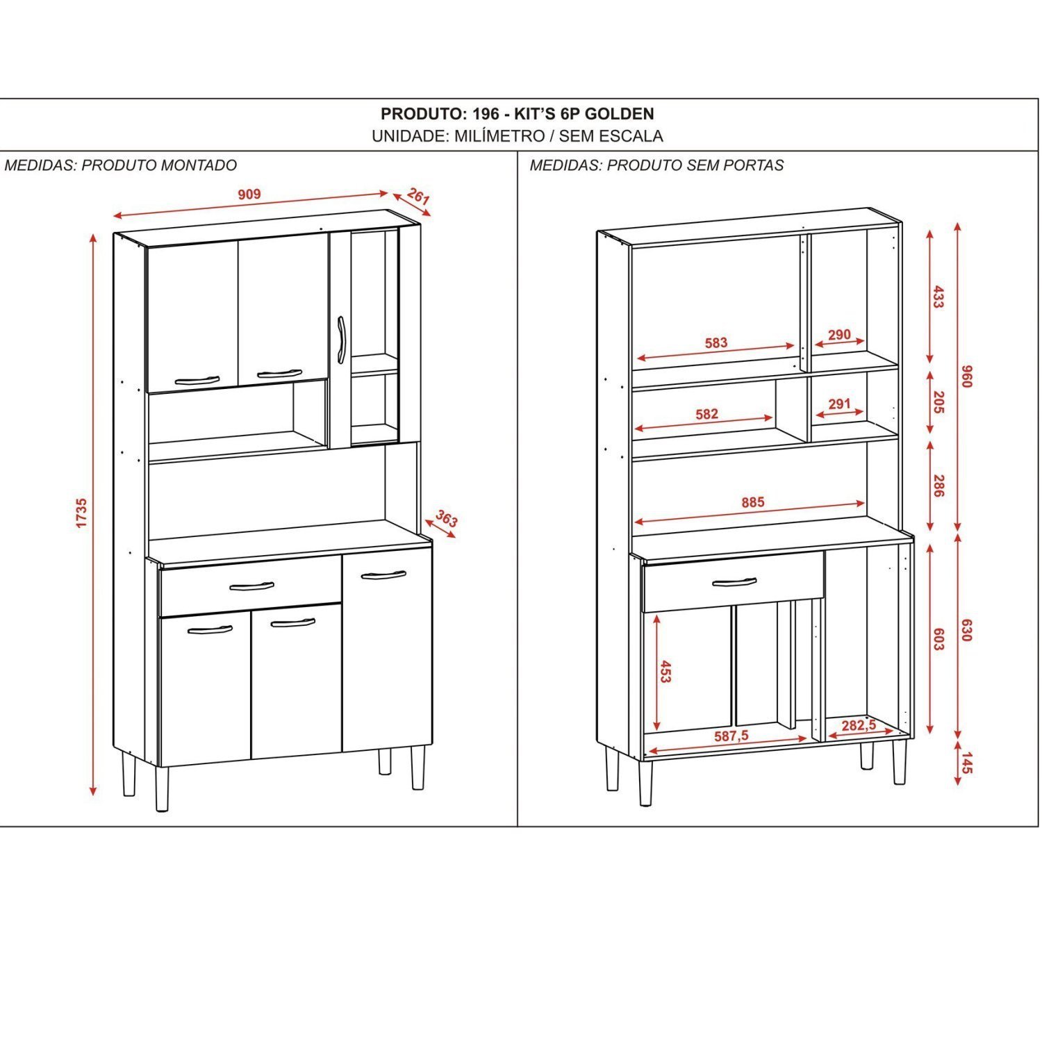 Armário de Cozinha 6 Portas 1 Gaveta Golden  - 4