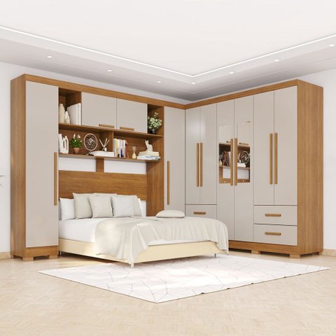 Guarda-roupa Casal Modulado Andorra 10 Portas 4 Gavetas com Pés e Espelho Cinamomo/off White - Pnr M