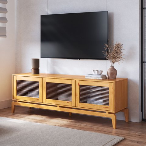 Rack para TV até 60 Polegadas 162cm Pés em Madeira Maciça Vidro Canelado Seiva CabeCasa MadeiraOriginals Marrom Amêndoa
