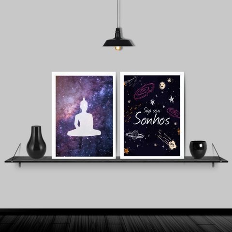 Kit 2 Quadros Buda Siga Seus Sonhos 45x34cm:Madeira preta