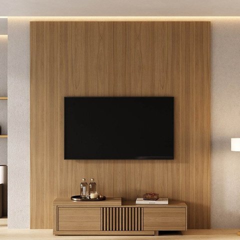 Rack Extensível Ripado com Painel TV 75 Polegadas 200x230cm Aruá CabeCasa MadeiraOriginals Marrom