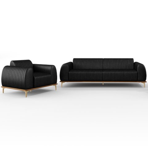 Kit Sofá 3 Lugares 180cm com Poltrona Molino Pés D'ouro D02 Couríssimo Preto B-159 - Lyam Decor