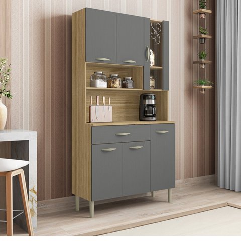 Armário de Cozinha 6 Portas 1 Gaveta Golden Cinza/Freijó/Gris