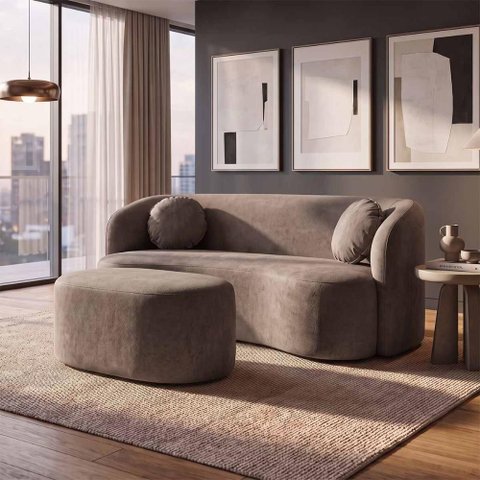 Sofá com Chaise Ilhéus 3 Lugares Fixo 180cm Marrom Bouclê