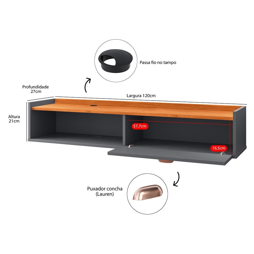 Rack Tv Smart Suspenso Home Decor 1 Porta Nicho Decoração Sala Quarto Compacto 1.20 - Rpm Móveis - 6