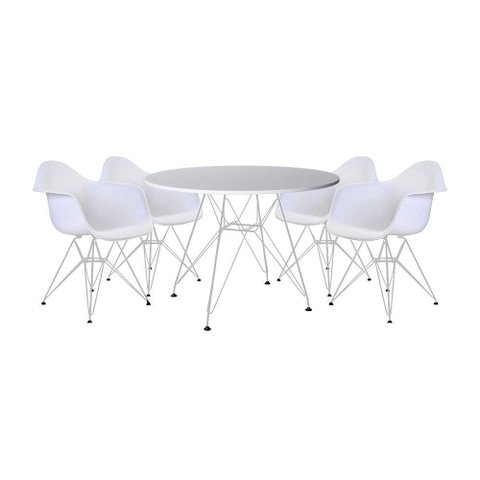 Mesa de Jantar Redonda Branca 90cm com 4 Poltronas Brancas Ferro Branco Cor: Branco