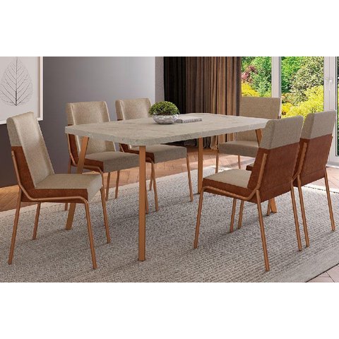 Sala de Jantar Completa Stellar 1597 Aço C/ Tampo Madeirado 160x90cm e 6 Cadeiras Hug Rose/petra -