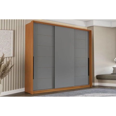 Guarda Roupa Casal 3 Portas de Correr e 4 Gavetas Lisboa Freijo/cinza - Politorno