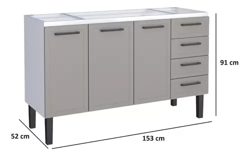 Gabinete Armario Cozinha Juno 1.60 Mt -3 Portas 4 Gavetas - 100% Aço -Cozimax:BRANCO/CINZA - 3