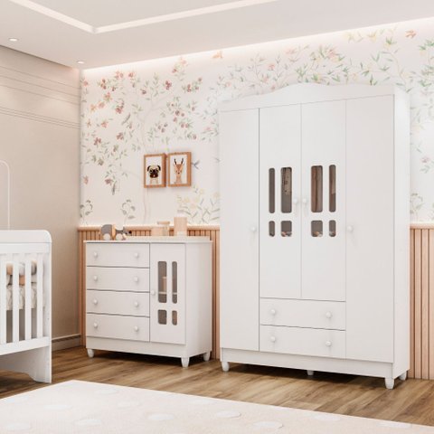 Conjunto Quarto Bebê Guarda Roupa Ariel 4 Portas Cômoda 4 Gavetas 1 Porta 100% MDF 