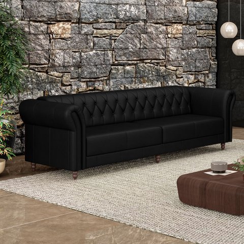 Sofá Living Sala de Estar Stanford Chesterfield 3 Lugares 260cm Pés de Madeira Couro Preto Brilho G5