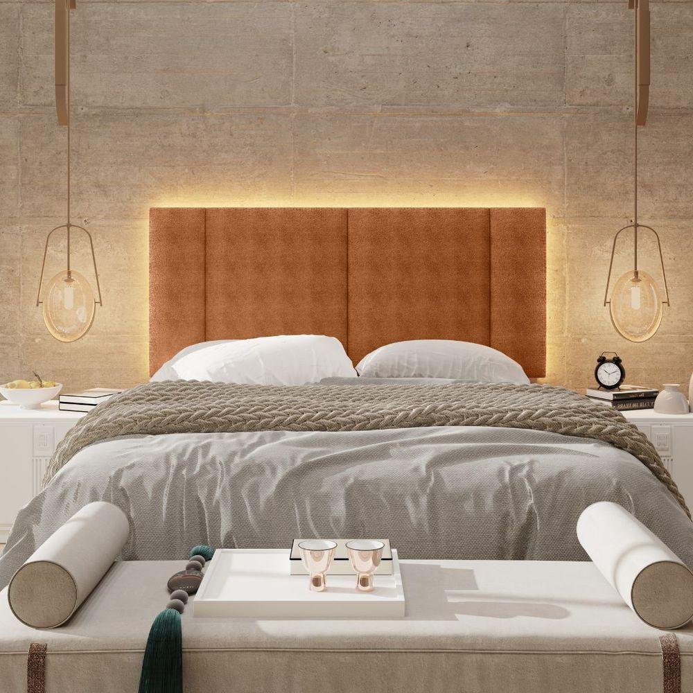 Cabeceira Estofada Iluminação Led Glow Cama Box Casal 140cm Bouclé Terracota - 4