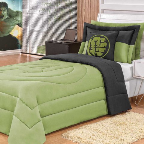 Kit Infantil Monster para Cama de Solteiro Verde/preto Dupla Face 04 Peças - Bordados Ricardo 1865