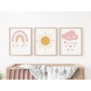 Ver imagem 1 de Kit 3 Quadros Sol Nuvem Arco Íris Rosa Quarto Menina Infantil Bebê