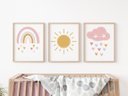 Ver imagem 1 de Kit 3 Quadros Sol Nuvem Arco Íris Rosa Quarto Menina Infantil Bebê