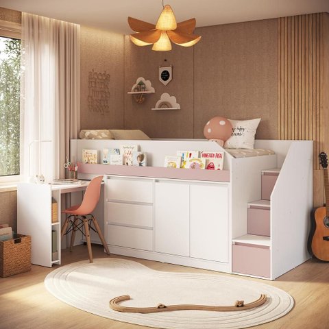 Cama Juvenil Estação Trabalho c/ Balcão Branco/Rosa Completa