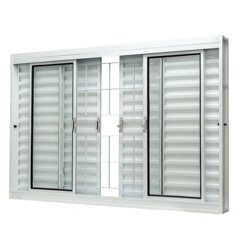 Janela de Aço Veneziana Central 100x200cm 6 Folhas com Grade Quadriculada e Vidro Liso Qualitysol Ra