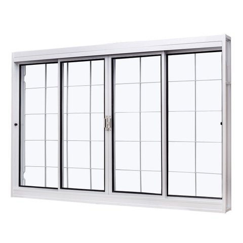 Janela de Aço de Correr Central 100x150cm 4 Folhas com Grade Quadriculada e Vidro Liso Qualitysol Ra