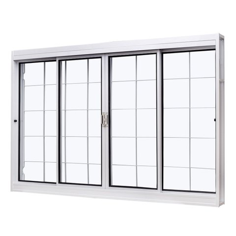 Janela de Aço de Correr Central 100x150cm 4 Folhas com Grade Quadriculada e Vidro Liso Qualitysol Ra