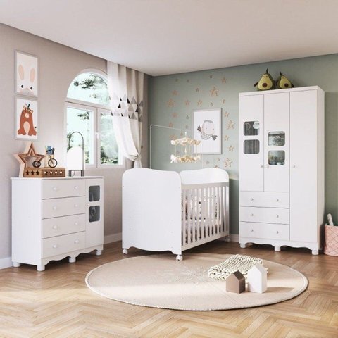 Quarto de Bebê Guarda-Roupa 3 Portas Janeladas Cômoda e Berço MDF Mimo Espresso Móveis Branco Brilho