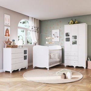 Quarto de Bebê Completo com Guarda Roupa 3 Portas com Janelas Cômoda e Berço 100% MDF Mimo Espresso Móveis